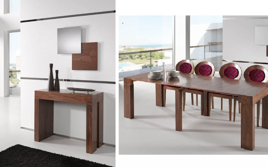 MESA CONSOLA EXTENSIBLE MADERA. Medidas: 90 cm ó 112 cm. x 40 x 76 cm altura, cerrada. extensible a 236 cm con 4 tableros de 49 cm.