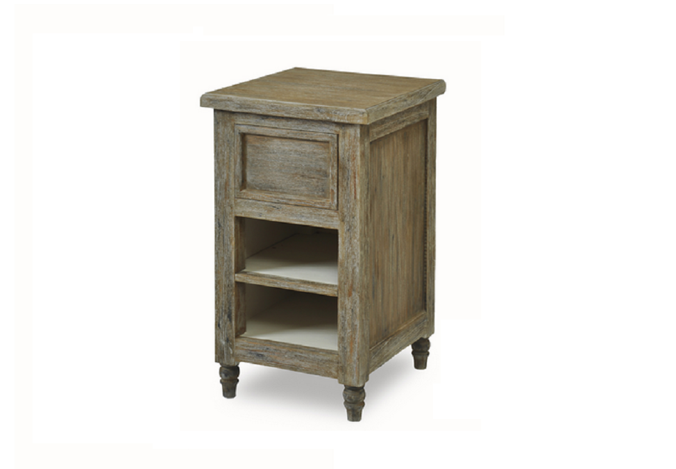 MESILLA 1 cajón 2 huecos. Acabado aged. Madera de Mindi. Medidas: 40 x 45 x 70 cm alto