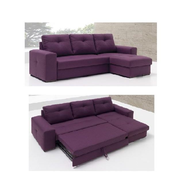 SOFA CAMA con chaiselonge. Cama útil 145 x 200 cm. Mecanismo de arrastre elevable. Chaiselonge reversible. Varias telas a elegir