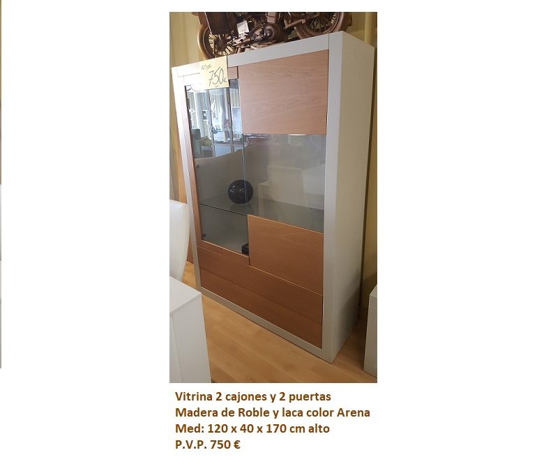VITRINA 2 CAJONES Y 2 PUERTAS MADERA DE ROBLE Y LACA COLOR ARENA Med: 120 x 40 x 170 cm alto