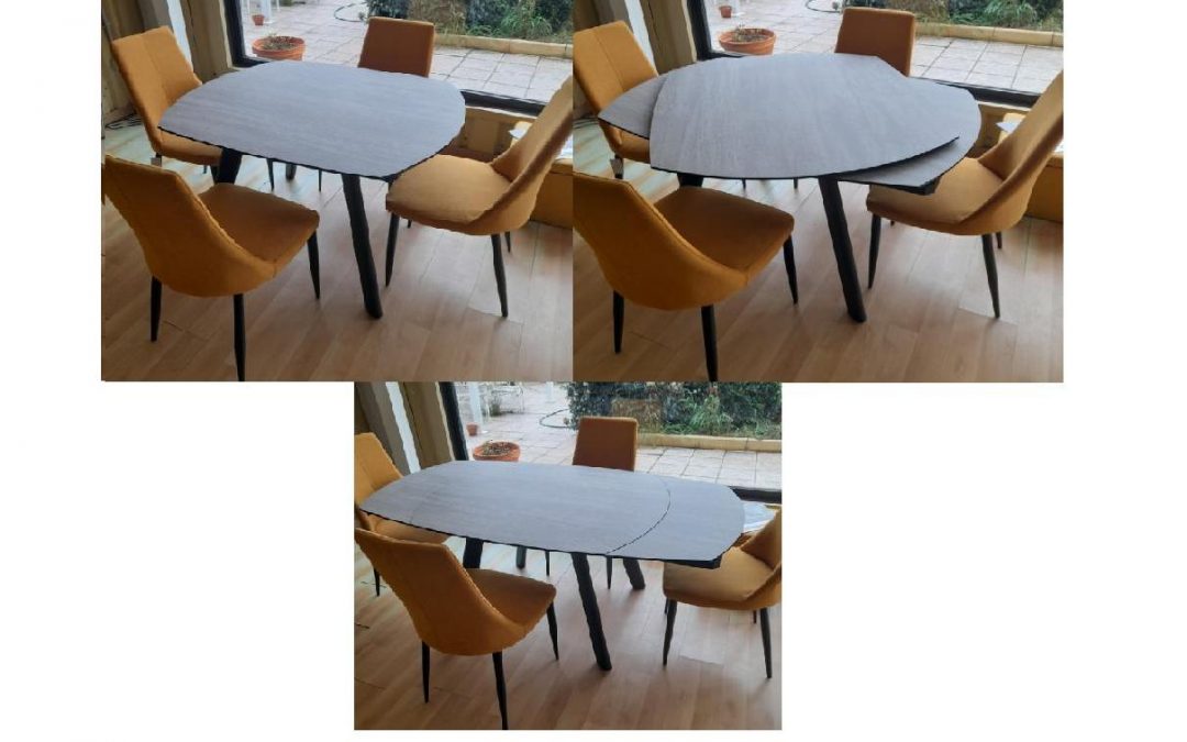 Mesa de comedor giratoria. Medidas: 110/170 x 95 cm. 4 acabados diferentes de tapa. Patas metálicas blanco o negro. Apta para uso en exterior