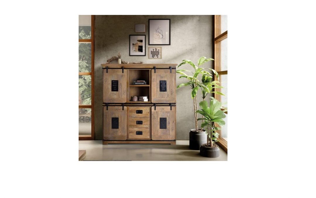 ALACENA 4 PUERTAS CORREDERAS 3 CAJONES Y 2 HUECOS ESTILO INDUSTRIAL MADERA DE ACACIA MED: 150 X 45 X 160 CM ALTO