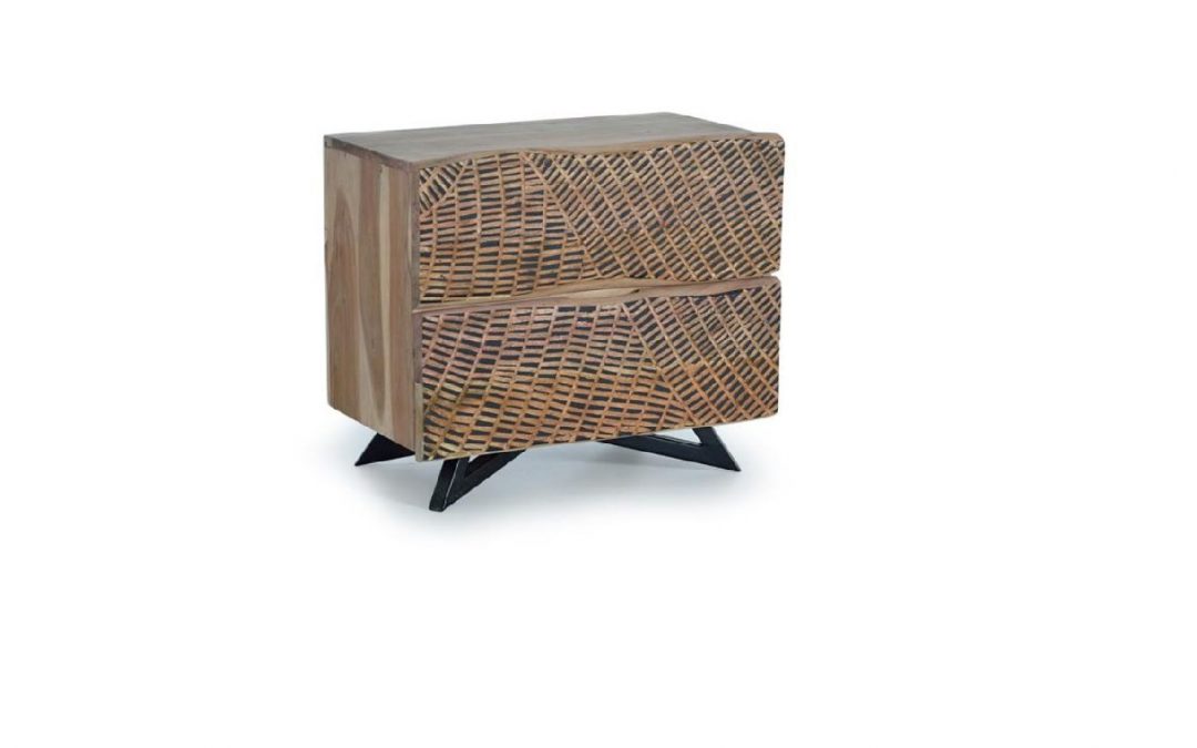 MESITA 2 CAJONES MADERA DE ACACIA TALLADA / METAL MED: 57 X 34 X 50 CM ALTO