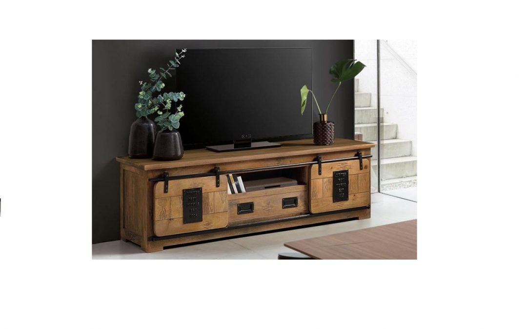 MUEBLE T.V. ESTILO INDUSTRIAL MADERA DE ACACIA / METAL 2 PUERTAS CORREDERAS Y CAJÓN MED: 180 X 50 X 55 CM ALTO