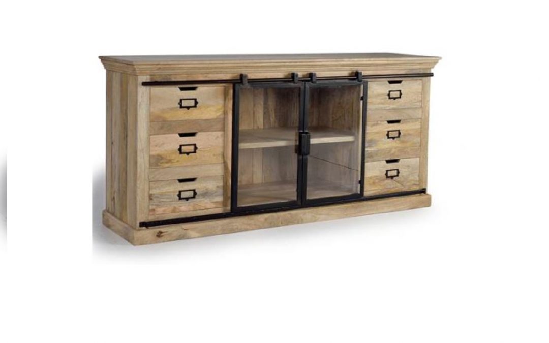 APARADOR 6 CAJONES Y 2 PUERTAS CORREDERAS ESTILO INDUSTRIAL MADERA DE MANGO Y METAL MED: 180 X 45 X 86 CM ALTO