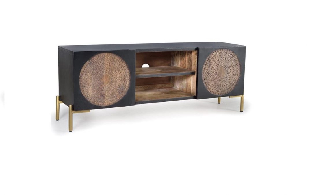 MUEBLE T.V. 2 PUERTAS Y 2 HUECOS MADERA DE MANGO / METAL MED: 145 X 40 X 56 CM ALTO