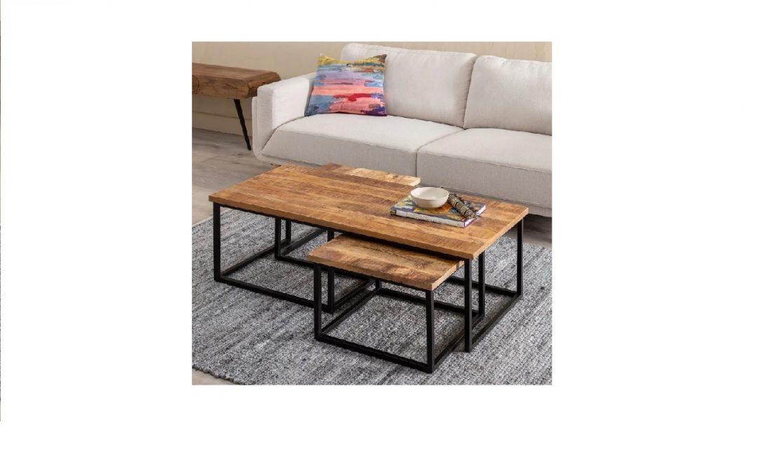 SET 3 MESAS DE CENTRO MADERA DE MANGO / HIERRO MED: 120 X 55 X 41 CM ALTO