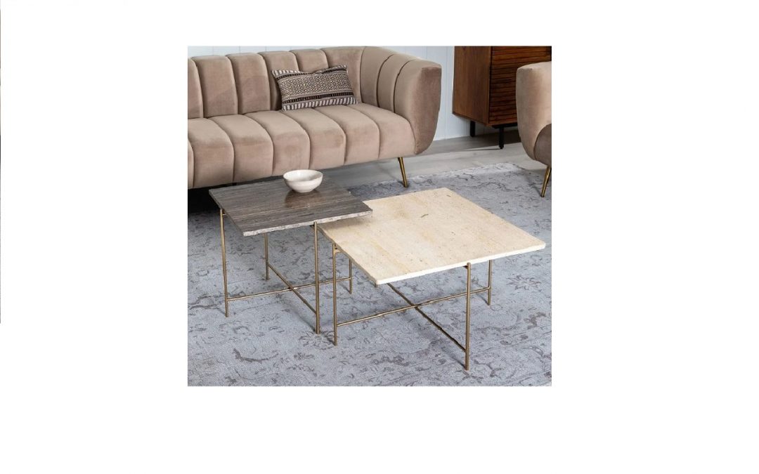 MESA DE CENTRO MÁRMOL TRAVERTINO / HIERRO DORADO MED: 65 X 65 X 40 CM ALTO