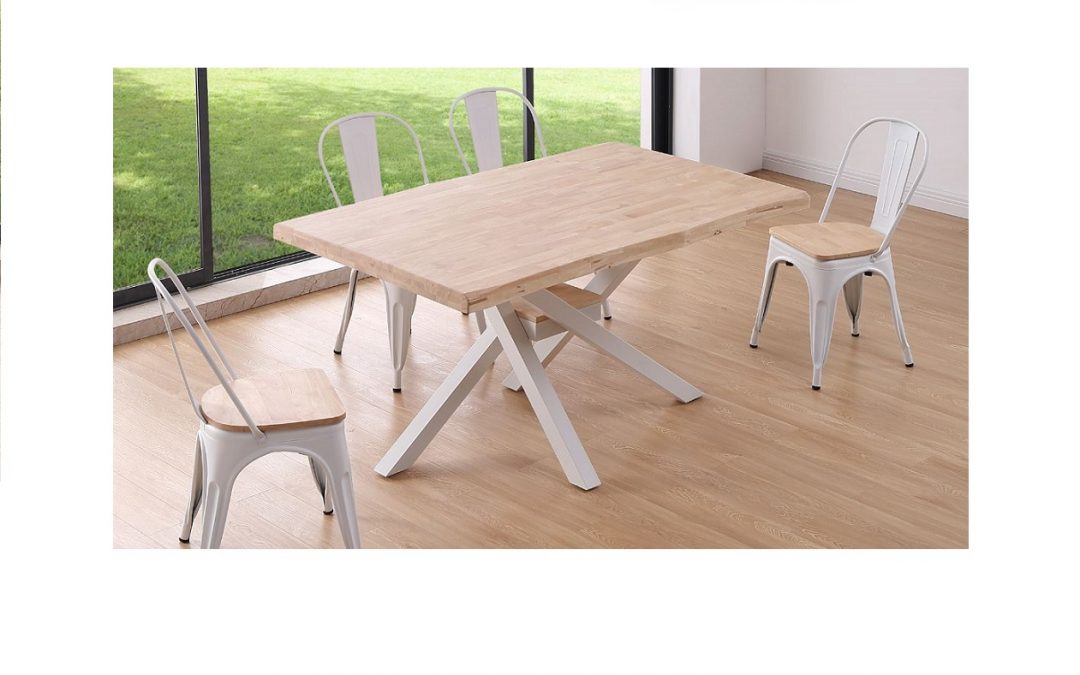 MESA DE COMEDOR CON TAPA EN MADERA DE ROBLE TAPA CON FORMA IRREGULAR Y PATAS METÁLICAS COLOR BLANCO MED: 150 X 90 X 76 CM ALTO (OTRAS MEDIDAS DISPONIBLES) (VARIOS ACABADOS DE MADERA Y COLOR DE PATAS)