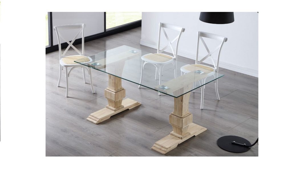 MESA DE COMEDOR FIJA CON TAPA DE CRISTAL TRANSPARENTE Y PATAS DE MADERA DE ROBLE MED: 160 X 90 X 76 CM ALTO