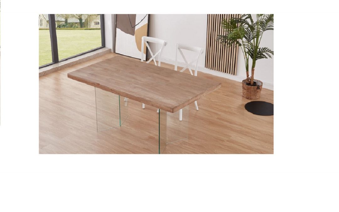MESA DE COMEDOR CON TAPA DE MADERA DE ROBLE Y PATAS DE CRISTAL TEMPLADO TRANSPARENTE COLOCADAS EN FORMA DE «V» MED: 160 X 90 X 77 CM ALTO (VARIOS ACABADOS DIFERENTES)