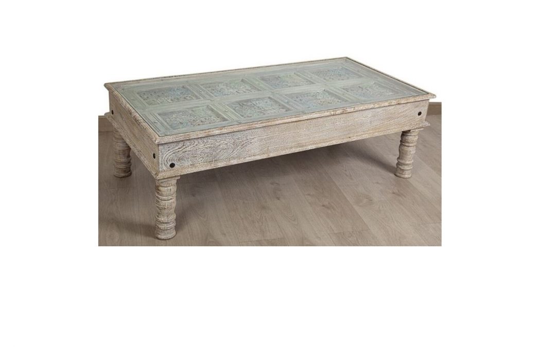 MESA DE CENTRO MADERA TALLADA COLORES / CRISTAL MED: 140 X 70 X 45 CM ALTO