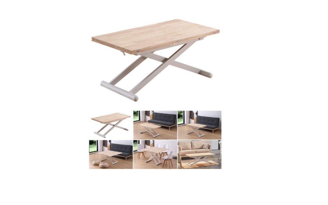 MESA DE CENTRO ELEVABLE Y EXTENSIBLE MADERA DE ROBLE NATURAL Y ESTRUCTURA METÁLICA COLOR BLANCO MED: 110 X 57 CM EXTENSIBLE A 110 X 114 CM