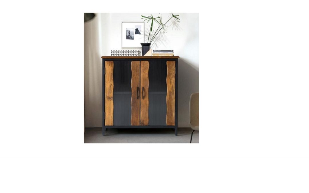 APARADOR 2 PUERTAS ESTILO INDUSTRIAL MADERA DE MANGO / CRISTAL Y METAL NEGRO MED: 87 X 37 X 90 CM ALTO