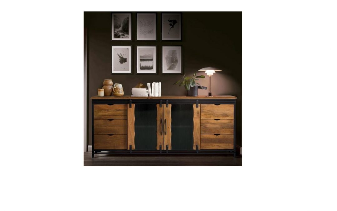 APARADOR 2 PUERTAS CORREDERAS 6 CAJONES ESTILO INDUSTRIAL MADERA DE MANGO Y METAL NEGRO MED: 190 X 40 X 80 CM ALTO