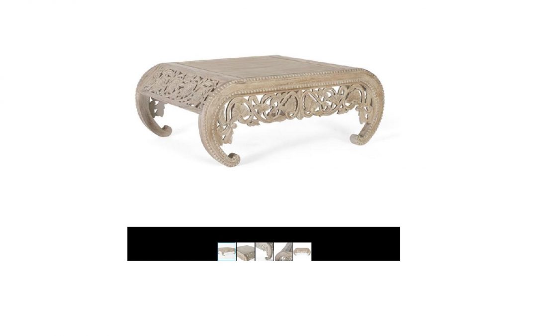 MESA DE CENTRO MADERA DE MANGO MACIZO EN COLOR BLANCO DECAPÉ TALLADA A MANO MED: 120 X 90 X 46 CM ALTO