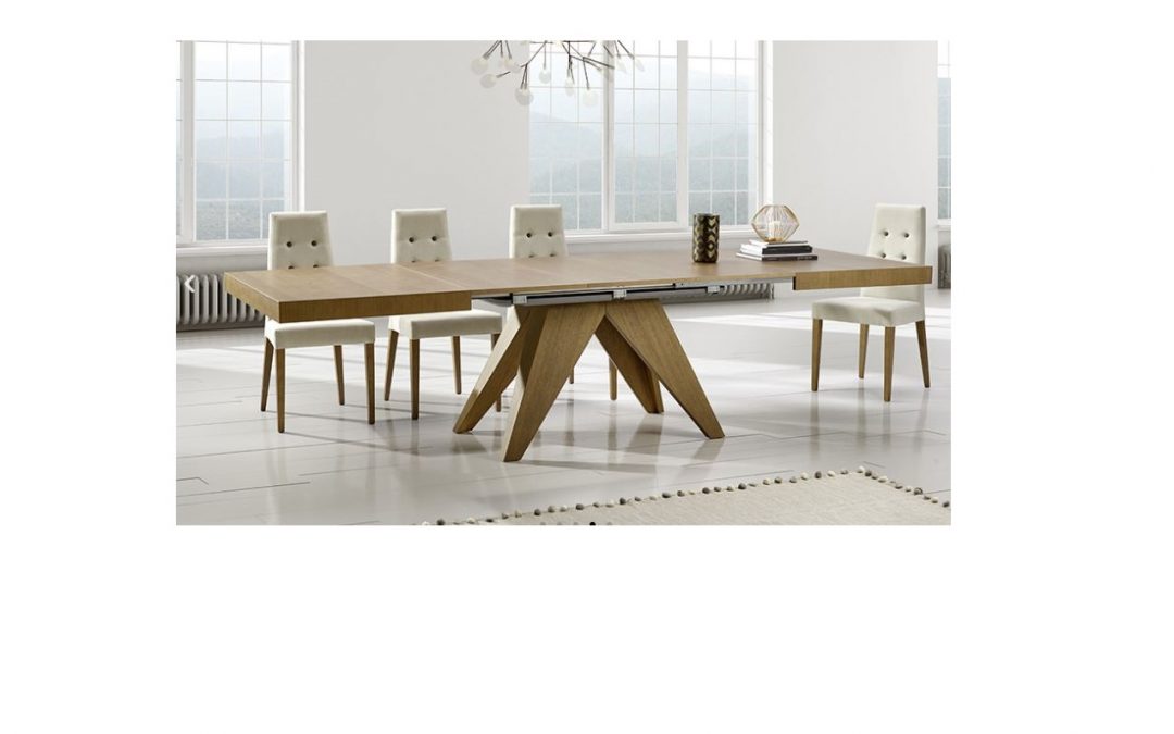 MESA DE COMEDOR EXTENSIBLE CON PIÉ CENTRAL MADERA CON TAPA RECTANGULAR EN CHAPA NATURAL VARIAS MEDIDAS Y ACABADOS