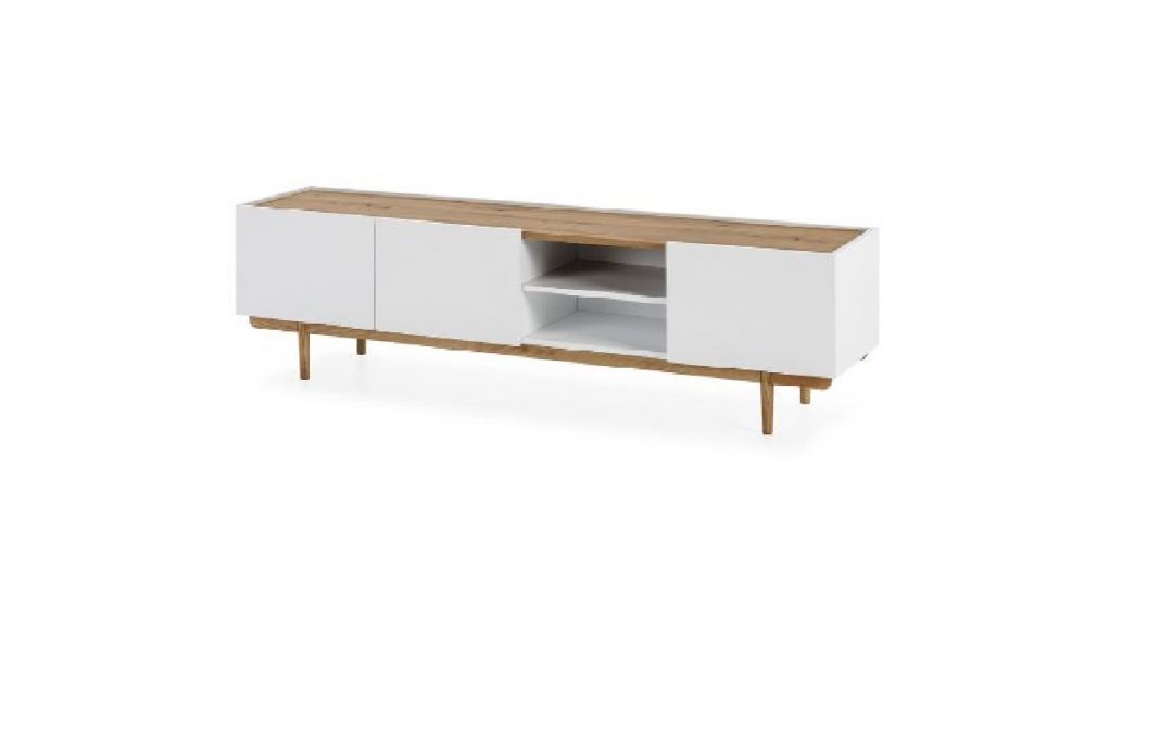 MUEBLE T.V. LACADO 3 PUERTAS Y 2 HUECOS COLOR BLANCO / TAPA Y PATAS ROBLE MED: 180 X 42 X 50 CM ALTO