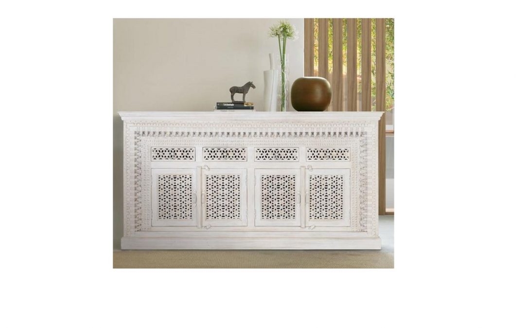 APARADOR 4 PUERTAS 4 CAJONES MADERA MACIZA MANGO COLOR BLANCO ENVEJECIDO TALLADO A MANO CON ESTANTES INTERIORES MED: 190 X 40 X 100 CM ALTO