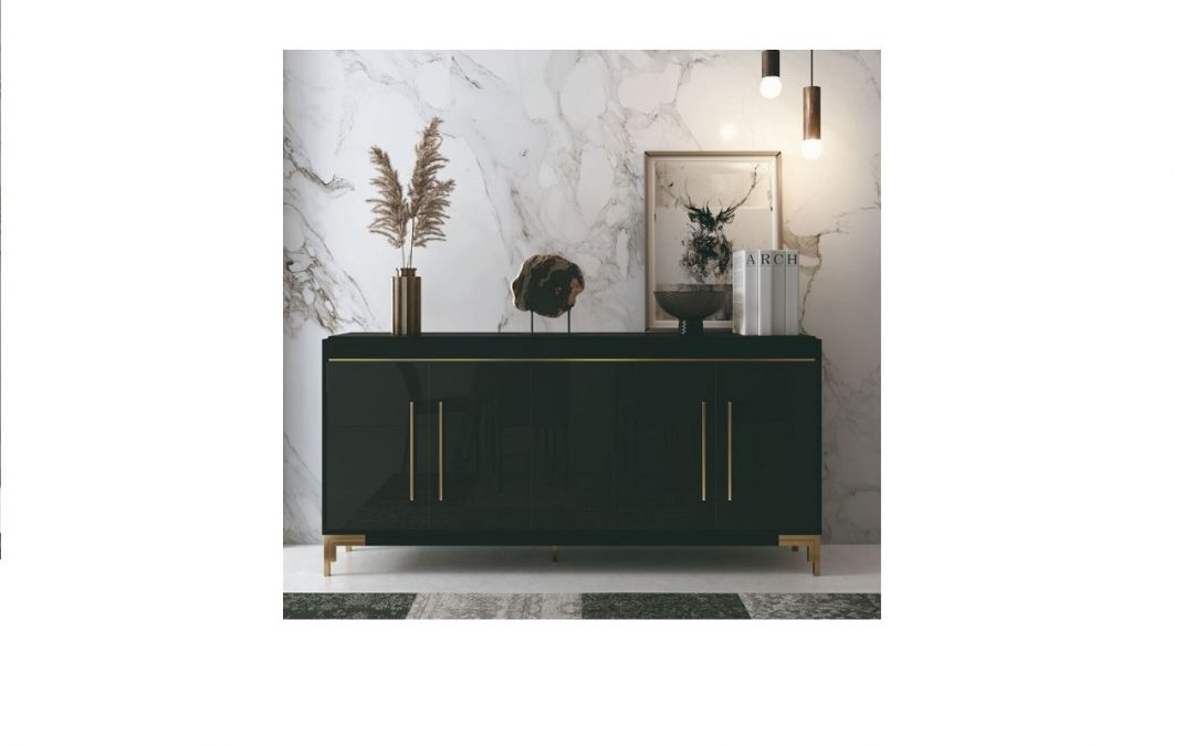 APARADOR 5 PUERTAS LACADO NEGRO BRILLO CON PATAS Y TIRADORES METAL DORADO MED: 180 X 40 X 70 CM ALTO