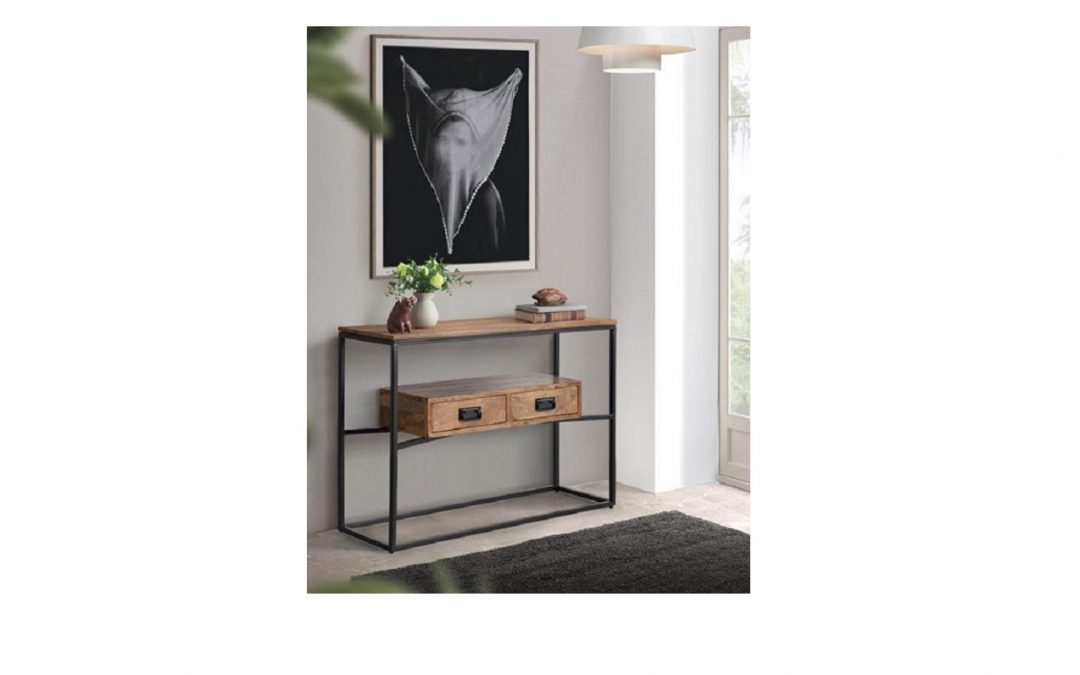 CONSOLA 2 CAJONES MADERA DE MANGO Y METAL ESTILO INDUSTRIAL MED: 110 X 35 X 77 CM ALTO