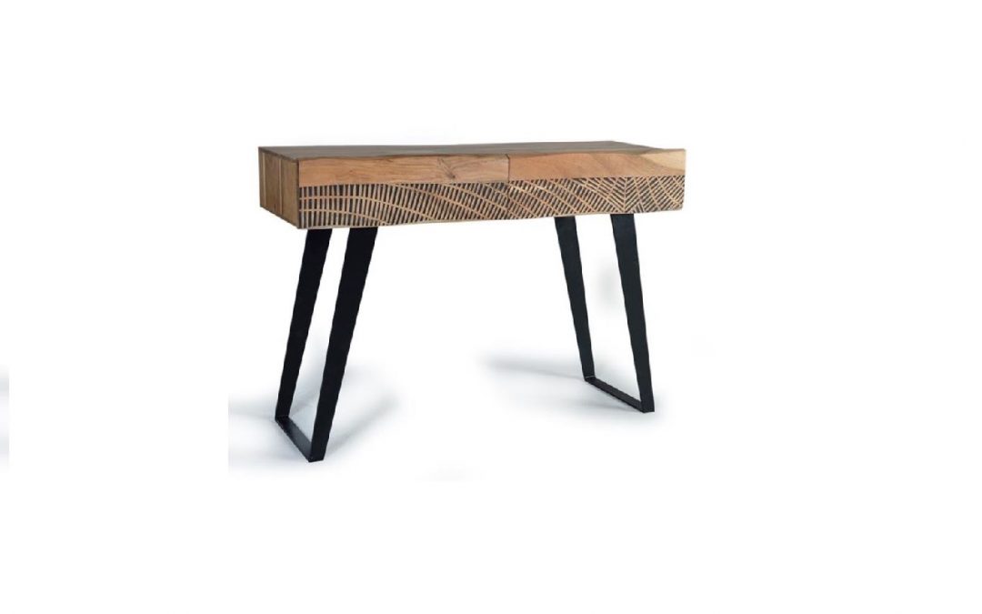 CONSOLA 2 CAJONES MADERA DE ACACIA Y PATAS METÁLICAS CON FRENTES DE CAJONES TALLADOS A MANO MED: 110 X 40 X 77 CM ALTO