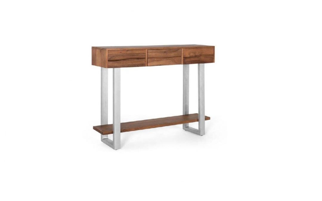CONSOLA 3 CAJONES Y BANDEJA INFERIOR MADERA DE ACACIA Y PATAS METÁLICAS MED: 120 X 30 X 90 CM ALTO