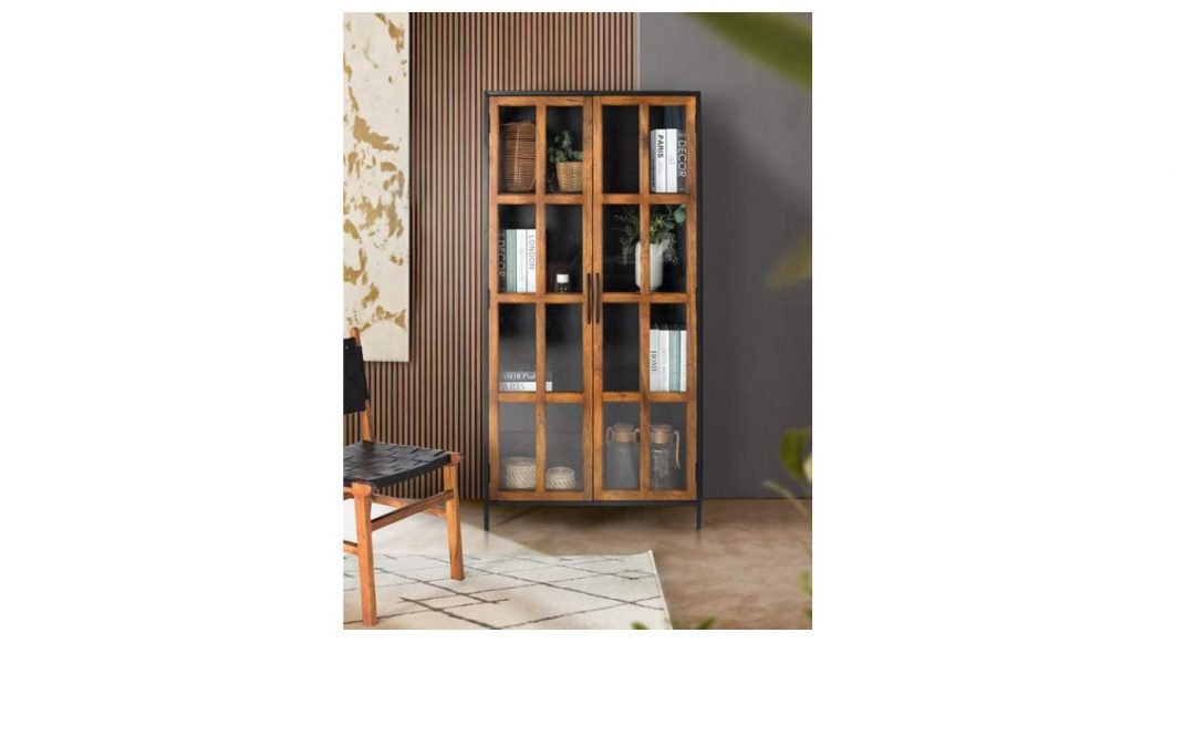 VITRINA 2 PUERTAS ESTRUCTURA DE METAL NEGRO Y PUERTAS MADERA DE MANGO Y CRISTAL MED: 90 X 40 X 180 CM ALTO