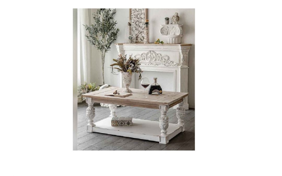 MESA DE CENTRO MADERA TALLADA COLOR BLANCO / NATURAL MED: 120 X 70 X 50 CM ALTO