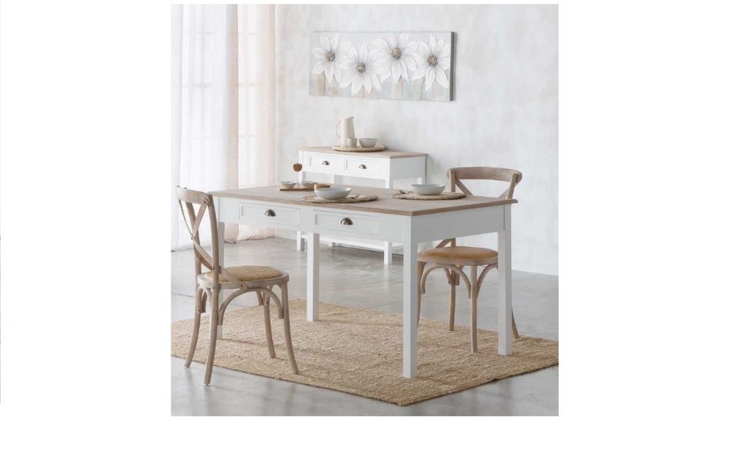 MESA DE COMEDOR 2 CAJONES BLANCO Y TAPA MADERA COLOR NATURAL MED: 150 X 80 X 78 CM ALTO