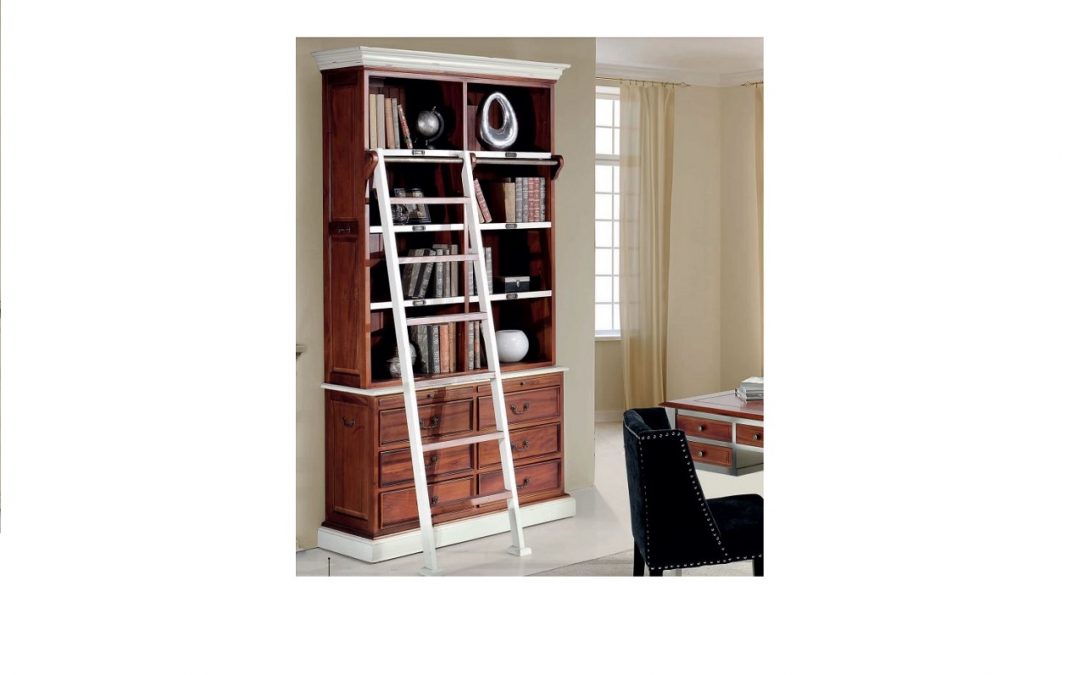BIBLIOTECA 2 CUERPOS 6 CAJONES 2 BANDEJAS Y 8 HUECOS CON ESCALERA MADERA BICOLOR MED: 122 X 45 X 230 CM ALTO