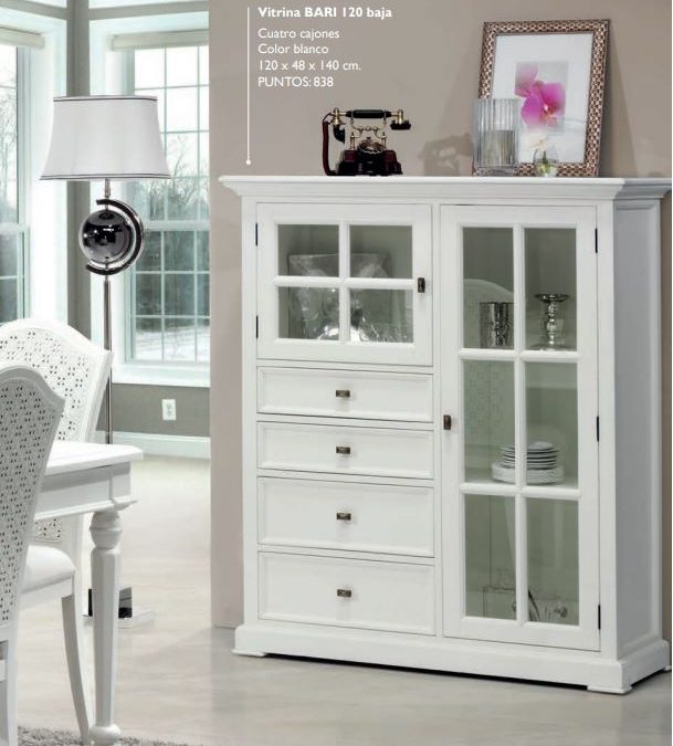 VITRINA BAJA 2 PUERTAS CON CRISTAL Y 4 CAJONES MADERA LACADA COLOR BLANCO MED: 120 X 48 X 140 CM ALTO