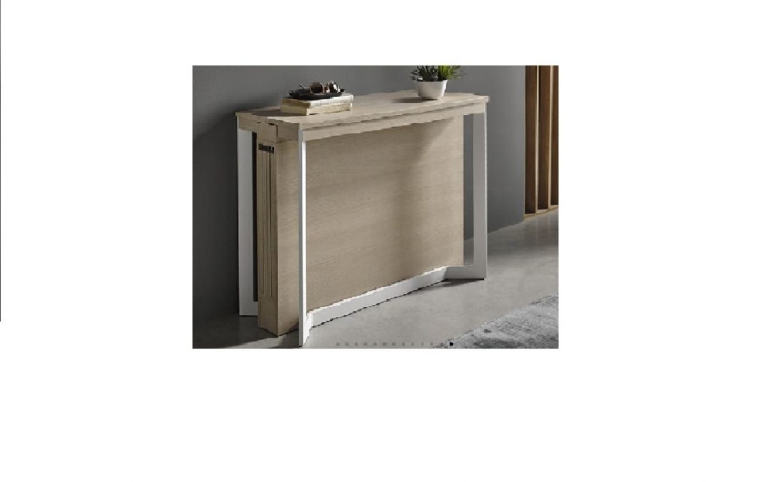 MESA CONSOLA EXTENSIBLE CON FABRICACIÓN EN CHAPAS NATURALES DE MADERA Y MELAMÍNICOS MEDIDA CERRADA: 90 X 35 X 75 CM ALTO EXTENSIBLE (4 EXTENSIBLES DE 50 CM) A 235 CM GRAN VARIEDAD DE ACABADOS Y PATAS METÁLICAS DE VARIOS COLORES