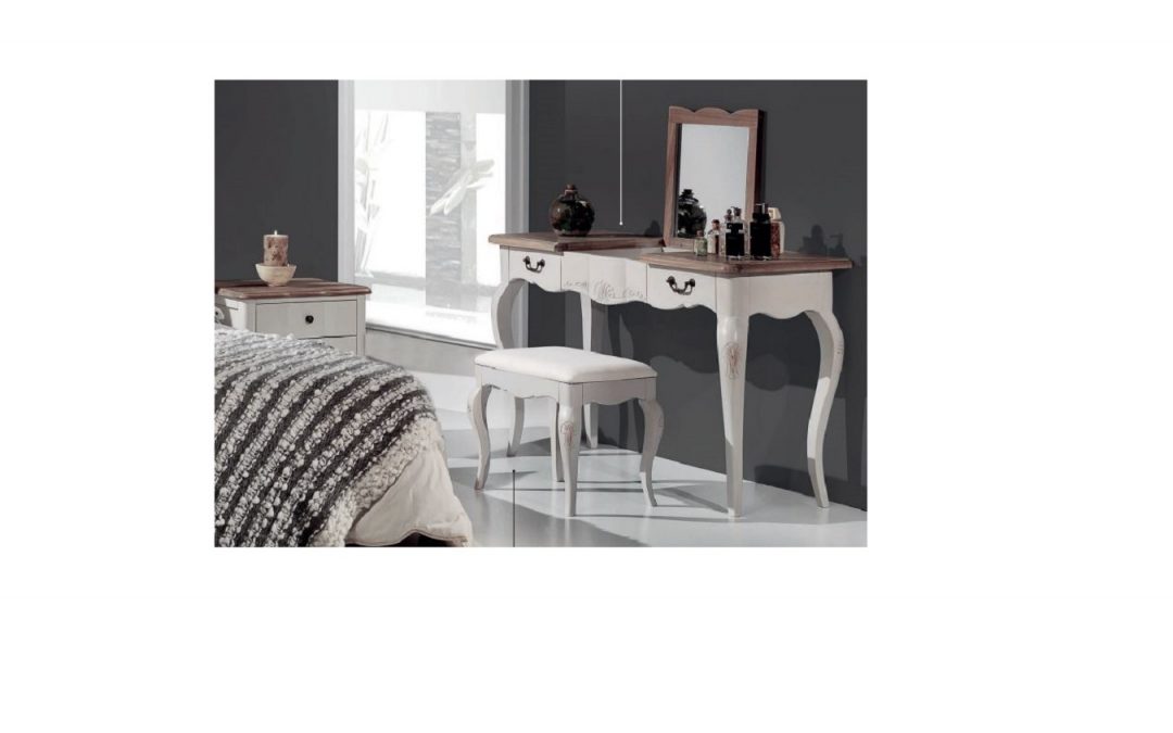 TOCADOR Y BANQUETA MADERA LACADA COLOR BLANCO CENIZA 2 CAJONES Y ESPEJO ABATIBLE MED: 130 X 50 X 79 CM ALTO