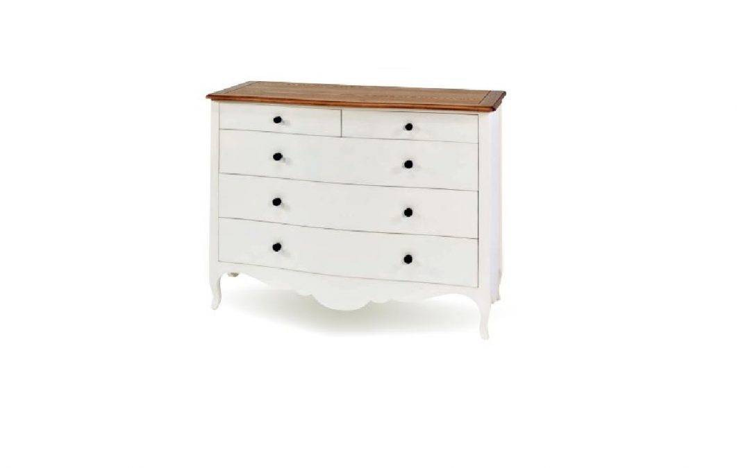 CÓMODA 5 CAJONES MADERA LACADA EN COLOR BLANCO PATINADO MED. 120 X 50 X 98 CM ALTO
