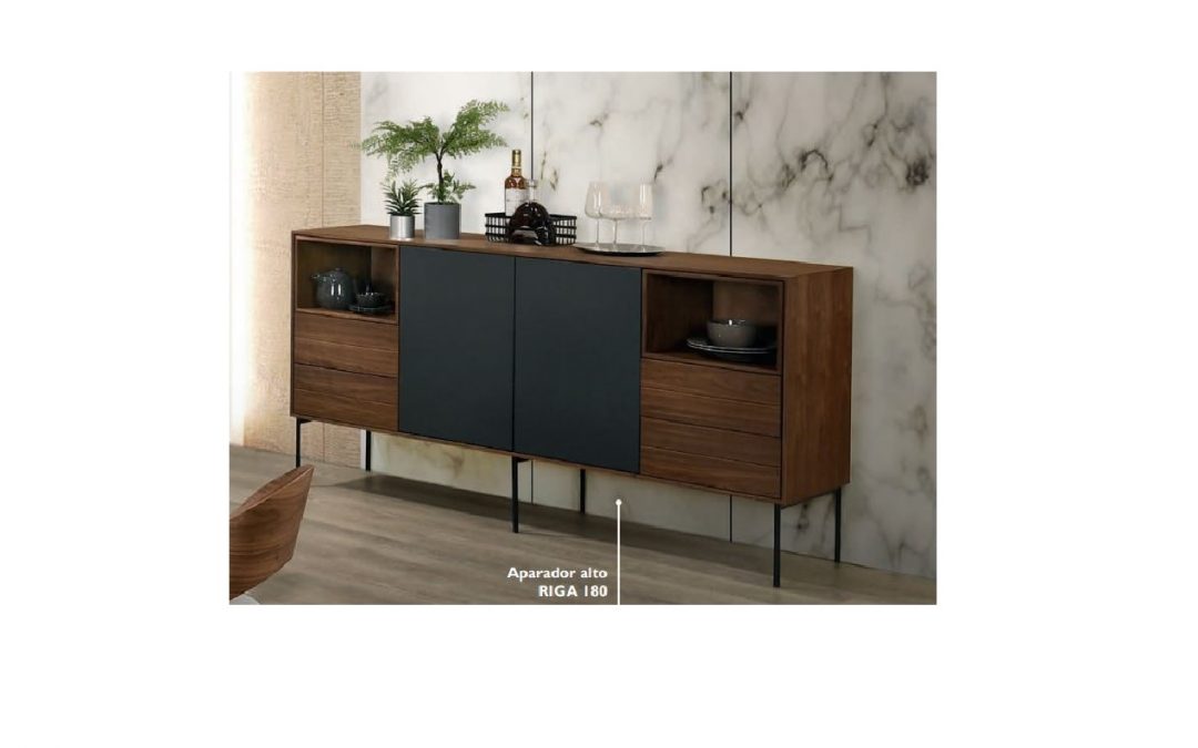 APARADOR ALTO 2 PUERTAS 4 CAJONES Y 2 HUECOS CHAPA DE NOGAL / GRIS ANTRACITA 180 X 44 X 95 CM ALTO (TAMBIÉN EN MEDIDA DE 150 CM)