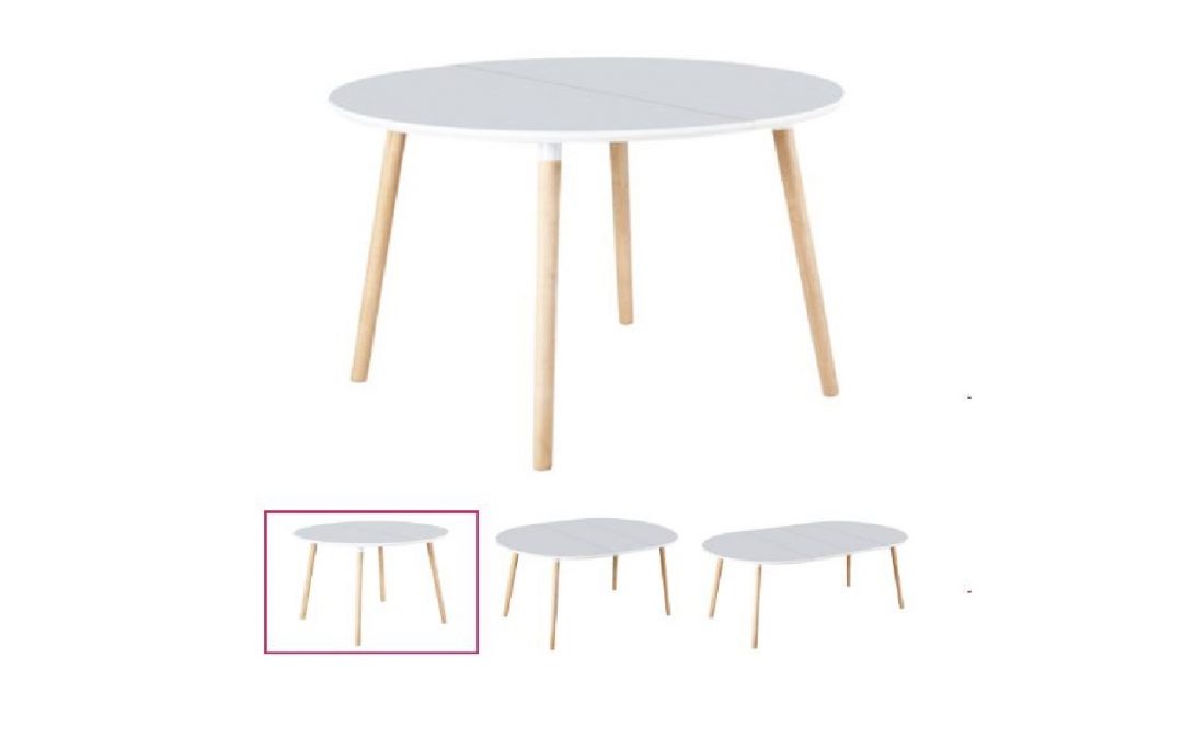 MESA DE COMEDOR REDONDA EXTENSIBLE PATA NÓRDICA CON TAPA LACADA BLANCO MATE Y PATAS MADERA DE HAYA MED: 100 X 100 X 75 CM ALTO EXTENSIBLE A 140 – 180 CM