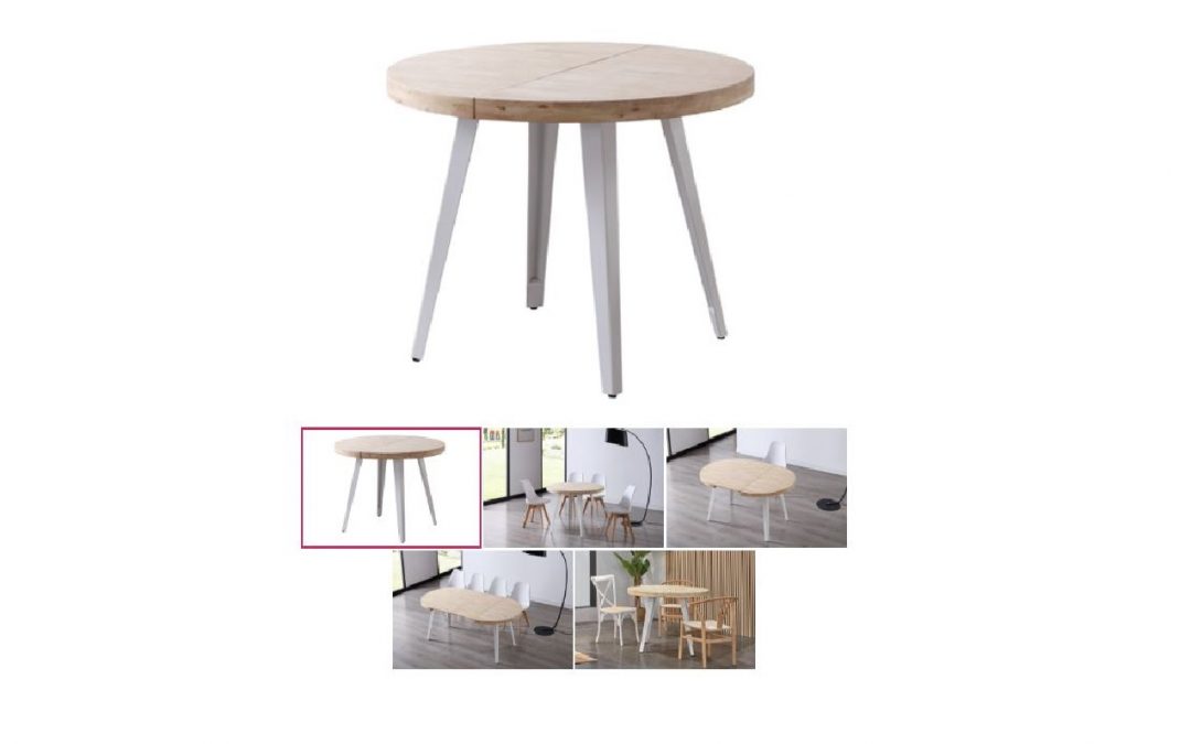MESA DE COMEDOR REDONDA EXTENSIBLE MADERA DE ROBLE Y PATAS METÁLICAS COLOR BLANCO MED: 100 X 100 X 75 CM ALTO EXTENSIBLE A 140-180 CM (2 EXTENSIBLES DE 40 CM) ACABADOS TAPA EN ROBLE NORDISH O ROBLE HONEY Y PATAS METAL COLOR BLANCO O NEGRO)