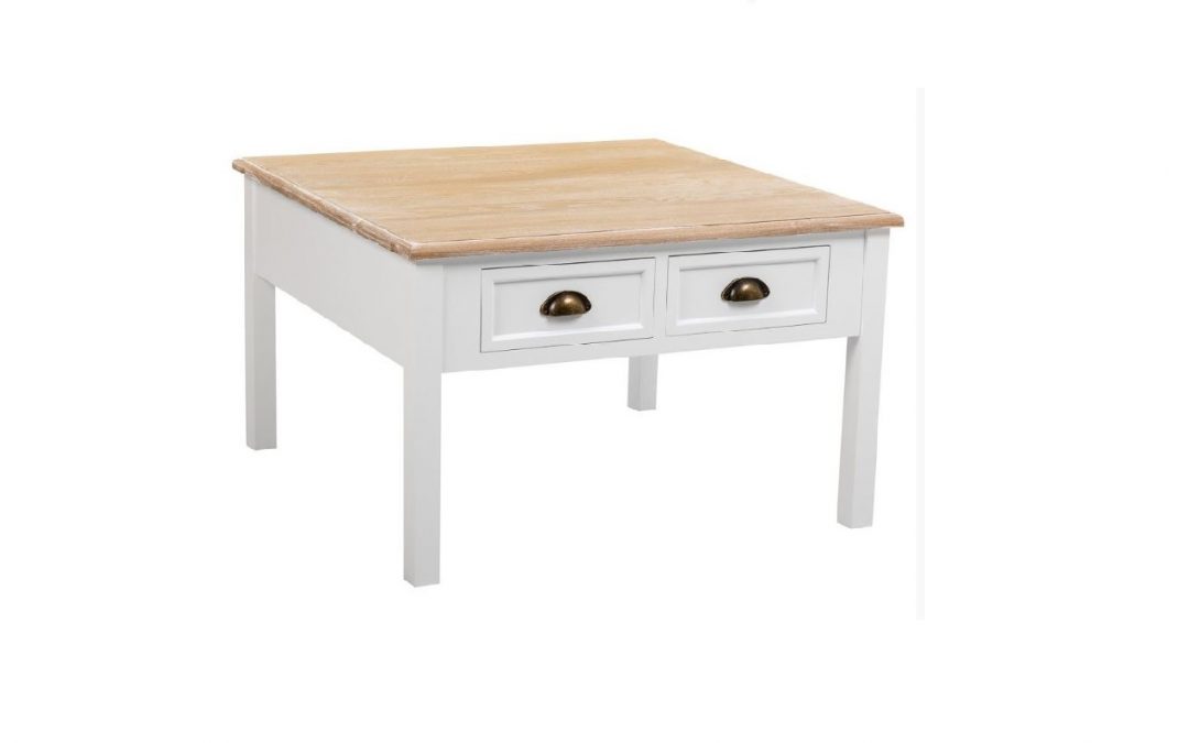 MESA DE CENTRO 2 CAJONES MADERA BLANCO Y TAPA NATURAL MED: 80 X 80 X 50 CM ALTO