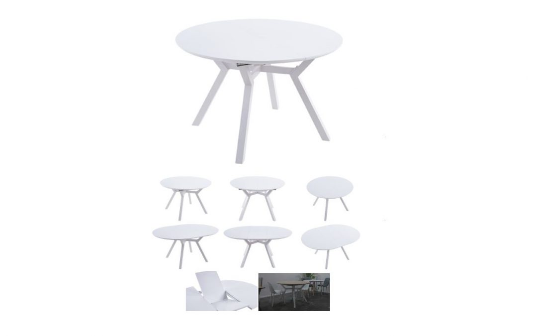MESA DE COMEDOR REDONDA EXTENSIBLE MEDIANTE GUÍAS METÁLICAS MADERA LACADA COLOR BLANCO MED: 120 X 120 X 75 CM ALTO EXTENSIBLE A 160 CM