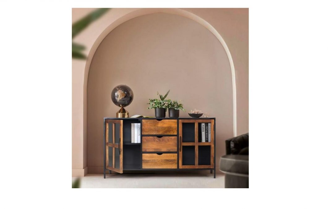 APARADOR 2 PUERTAS Y 3 CAJONES ESTILO INDUSTRIAL ESTRUCTURA DE METAL / CAJONES Y PUERTAS DE MADERA DE MANGO MED: 150 X 40 X 80 CM ALTO