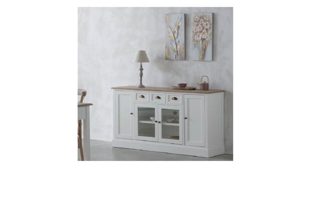 APARADOR 4 PUERTAS 3 CAJONES MADERA BLANCO Y TAPA NATURAL MED: 150 X 40 X 80 CM ALTO