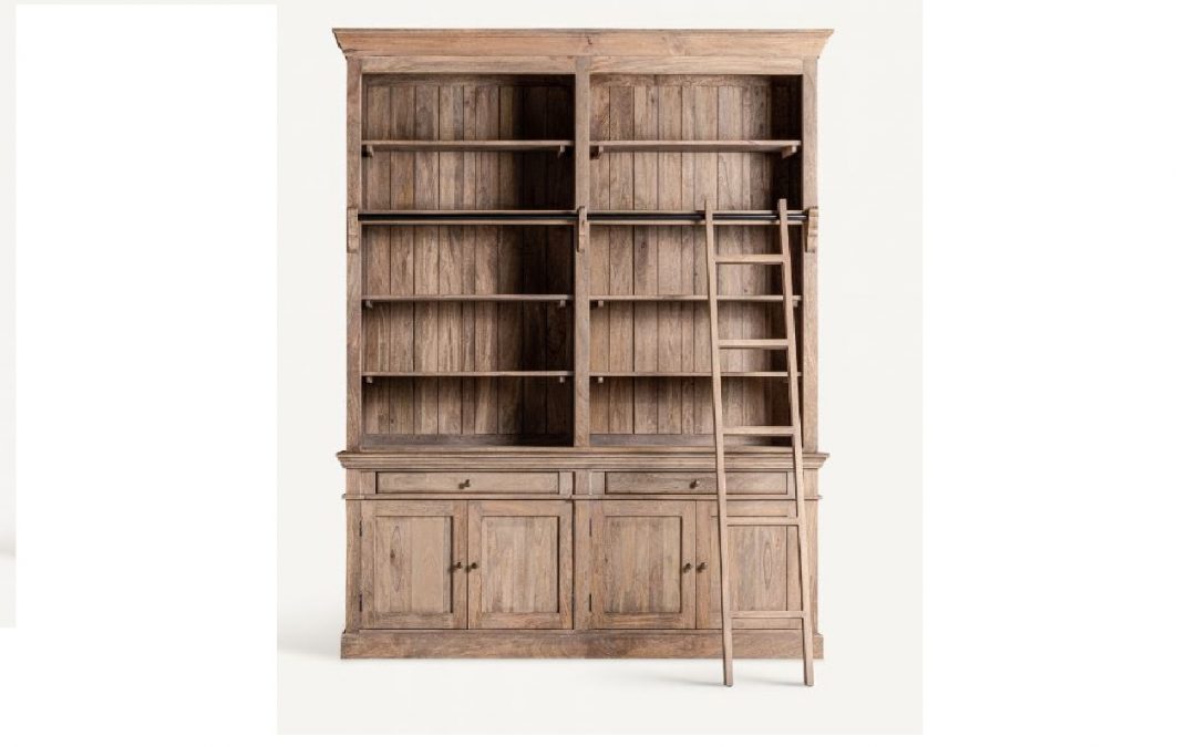 LIBRERÍA 4 PUERTAS 2 CAJONES Y 10 HUECOS CON ESCALERA MADERA DE MANGO NATURAL ENVEJECIDO MED: 197 X 42 X 232 CM ALTO