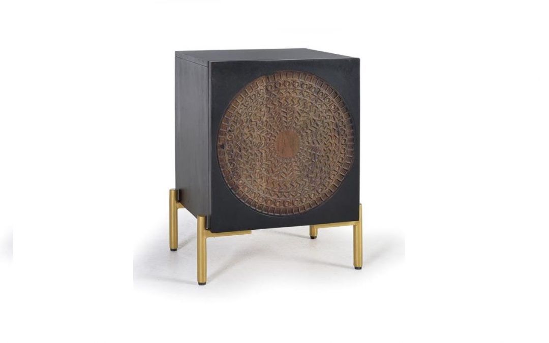 MESITA 1 PUERTA MADERA DE MANGO TALLADO COLOR NOGAL OSCURO MED: 43 X 40 X 60 CM ALTO