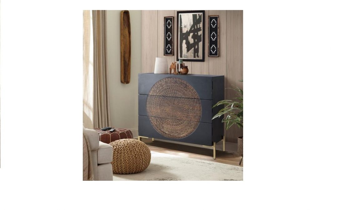 CÓMODA 3 CAJONES MADERA DE MANGO TALLADO Y BASE DE METAL MED. 95 X 40 X 90 CM ALTO