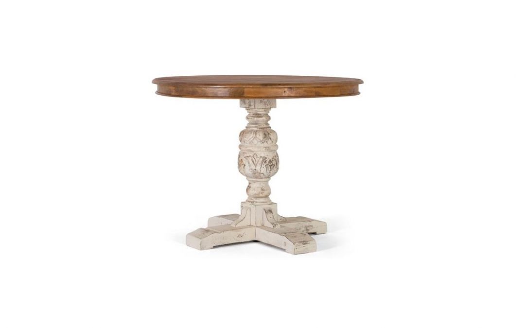 MESA DE COMEDOR MADERA DE MANGO MACIZO CON PATA TORNEADA BLANCO PATINADO Y TAPA NOGAL MED: 100 X 100 X 78 CM ALTO