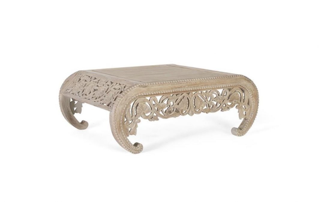 MESA DE CENTRO MADERA DE MANGO TALLADO COLOR BLANCO DECAPÉ MED: 120 X 90 X 46 CM ALTO