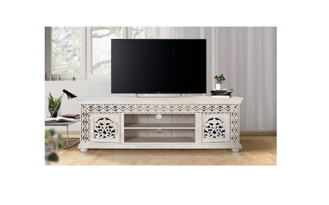 MUEBLE T.V. MADERA DE MANGO TALLADO A MANO COLOR BLANCO ENVEJECIDO MED: 180 X 40 X 60 CM ALTO
