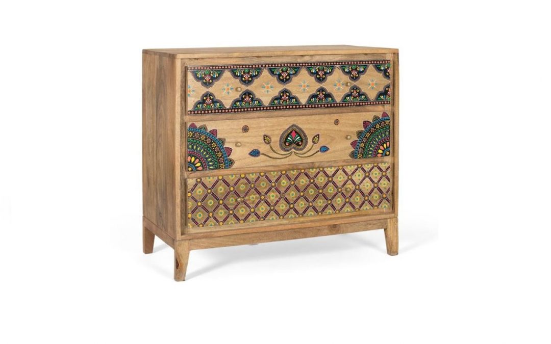 CÓMODA 3 CAJONES MADERA DE MANGO Y FRENTES PINTADOS A MANO MED: 91 X 40 X 82 CM ALTO