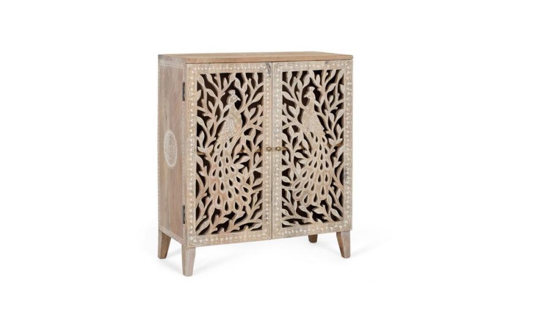 TAQUILLÓN 2 PUERTAS CON ESTANTES INTERIORES MADERA DE MANGO TALLADO A MANO ACABADO BLANCO ROTO MED: 66 X 30 X 77 CM ALTO